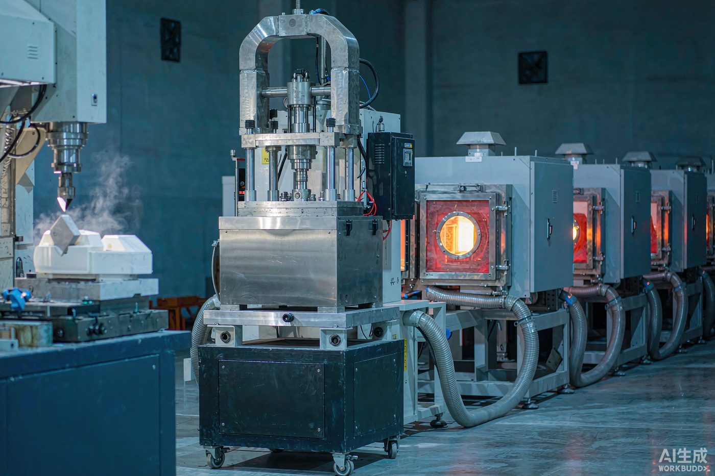 Advanced ceramic production workshop with isostatic press and sintering furnaces